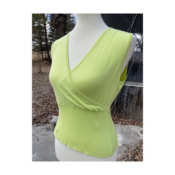 Vintage Y2K Chartreuse Sleeveless Knit Top Surplice V-Neck Fitted Poppy by N.S.D - Picture 7 of 7